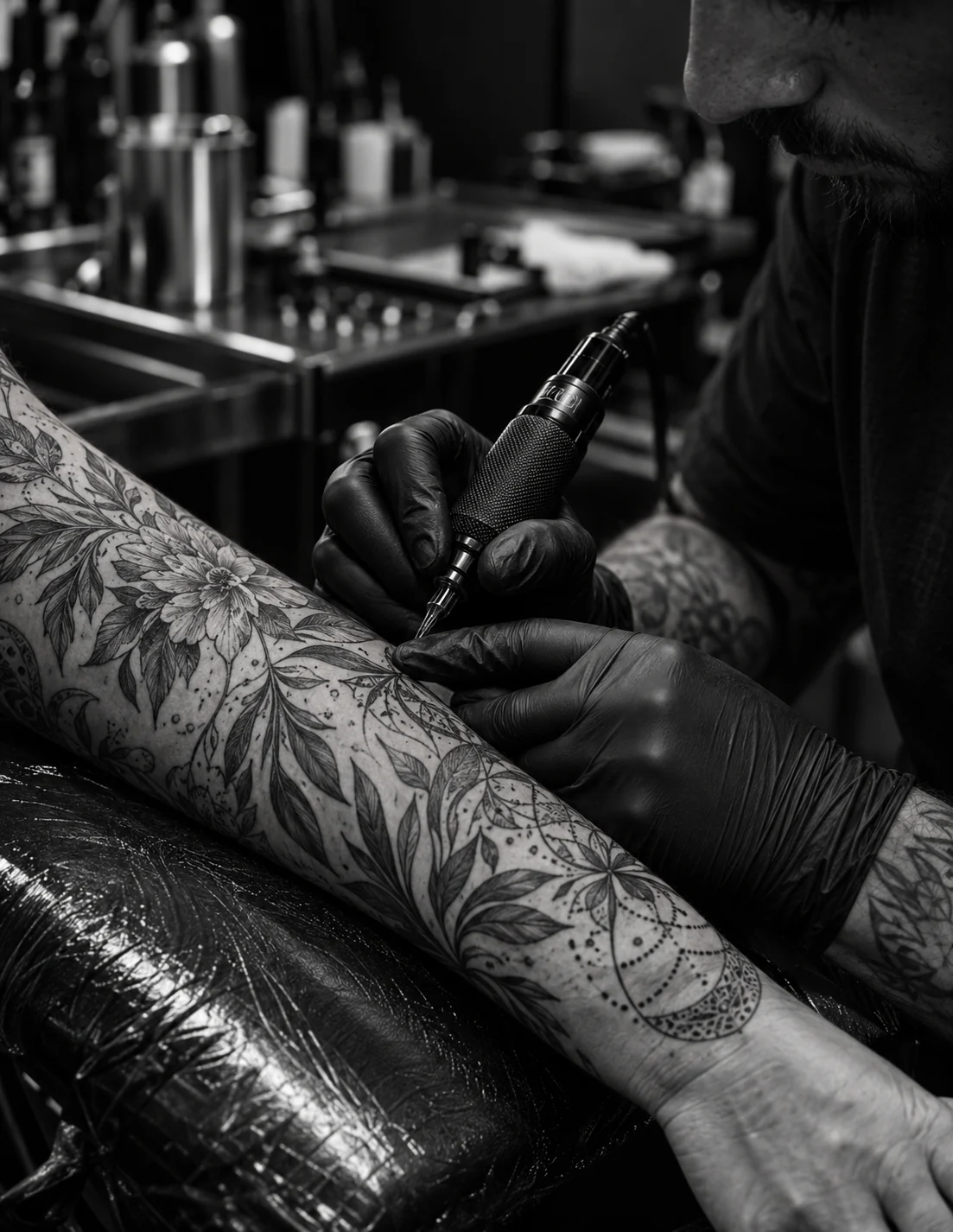 Tatuador com luvas pretas trabalhando em uma tatuagem autoral no antebraço de um cliente